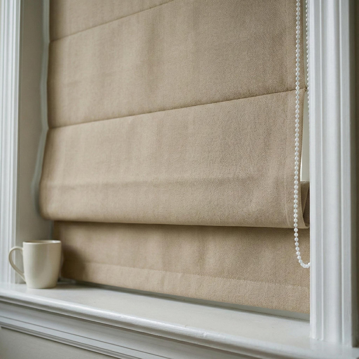 Taupe Herringbone Linen Roman Shade, Custom Corded Window Blind — image 3