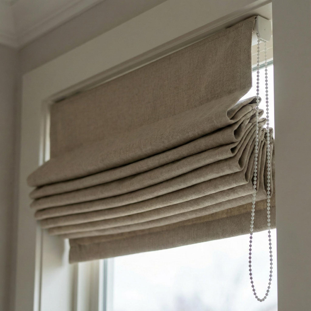 Taupe Herringbone Linen Roman Shade, Custom Corded Window Blind — image 4