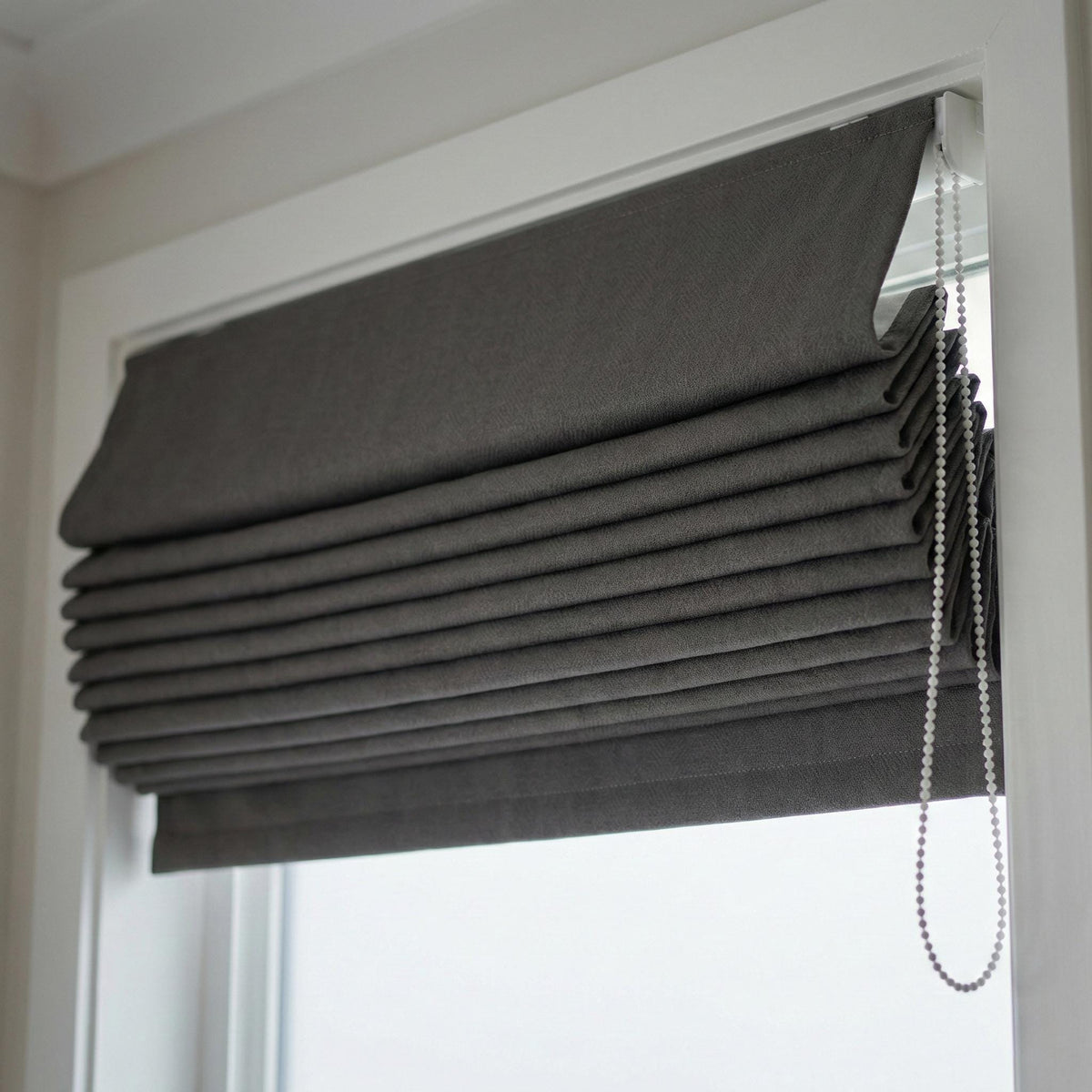 Charcoal Grey Herringbone Linen Roman Shade, Custom Window Blind — image 6