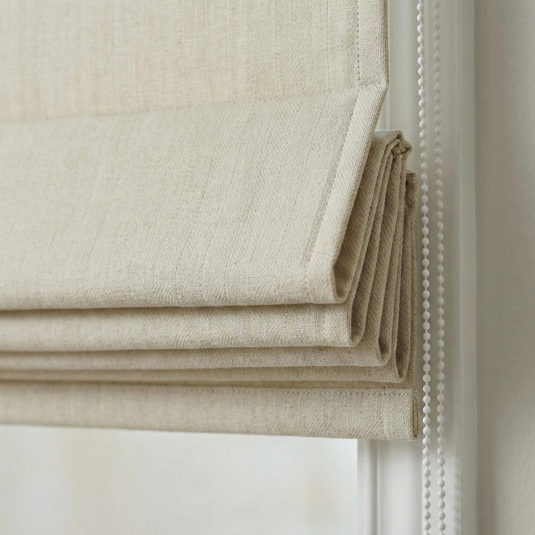 Oatmeal Linen Roman Shade, Herringbone Weave, Custom Corded Blind — image 1