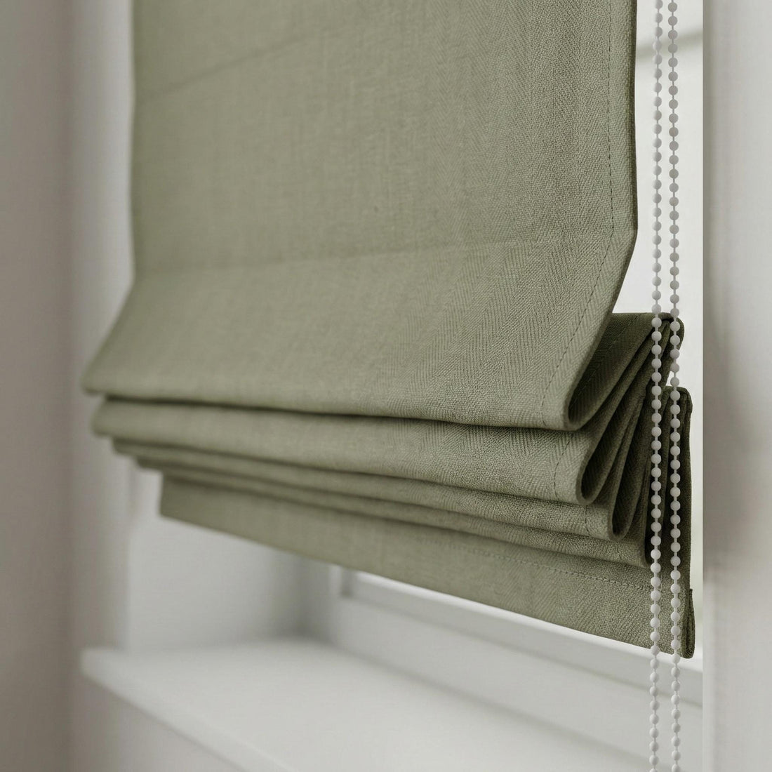 Sage Green Linen Roman Shade, Herringbone Corded Blind, OEKO-TEX — image 1