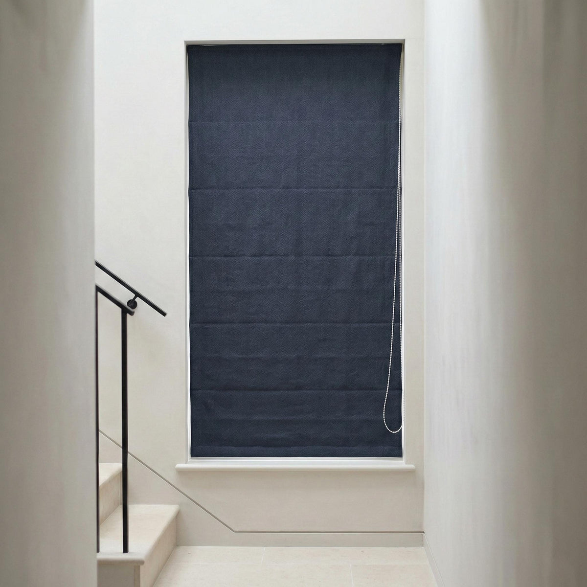 Navy Blue Linen Herringbone Roman Shade, Custom Corded Blind, OEKO-TEX Liner — image 3