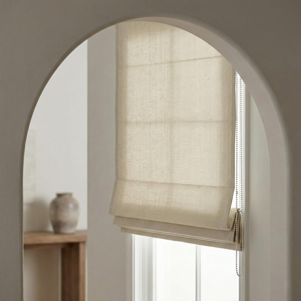 Oatmeal Linen Roman Shade, Herringbone Weave, Custom Corded Blind — image 3
