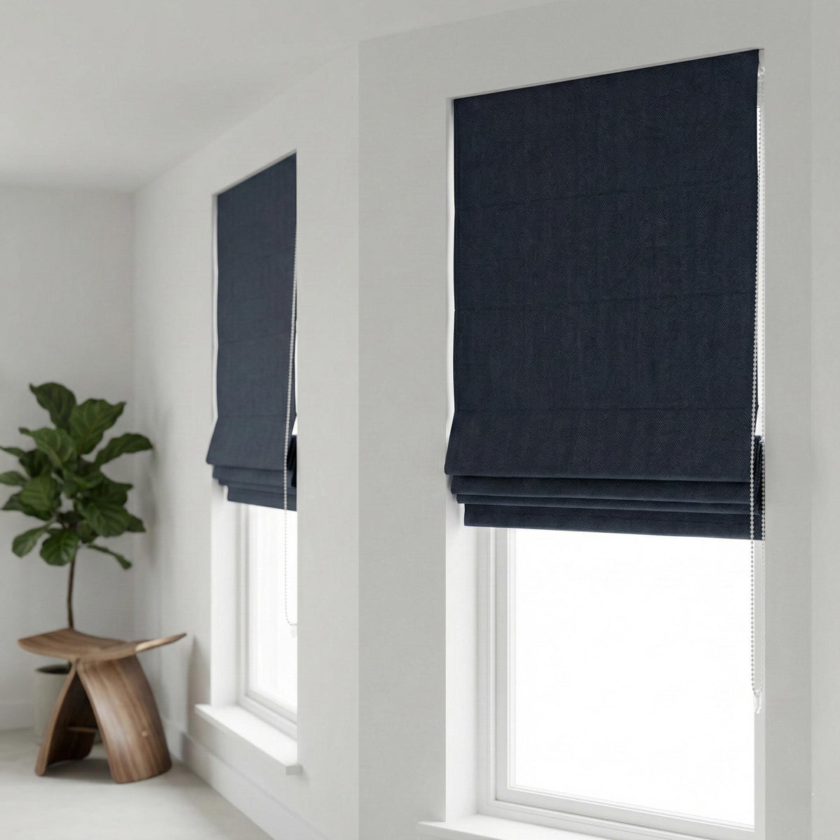 Navy Blue Linen Herringbone Roman Shade, Custom Corded Blind, OEKO-TEX Liner — image 4