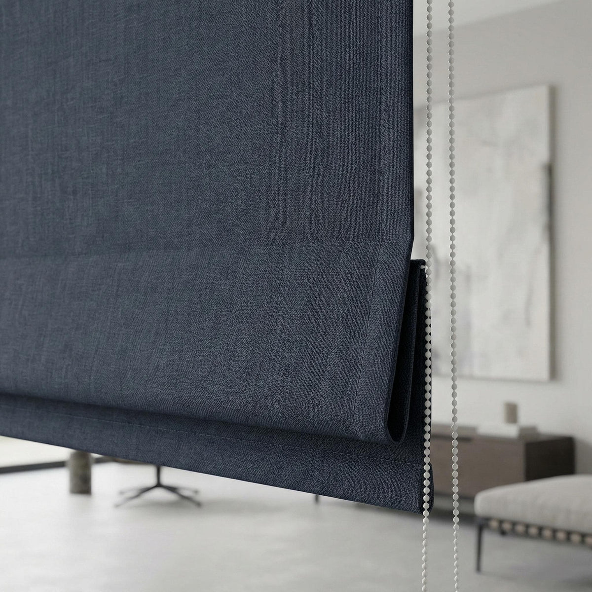 Navy Blue Linen Herringbone Roman Shade, Custom Corded Blind, OEKO-TEX Liner — image 8