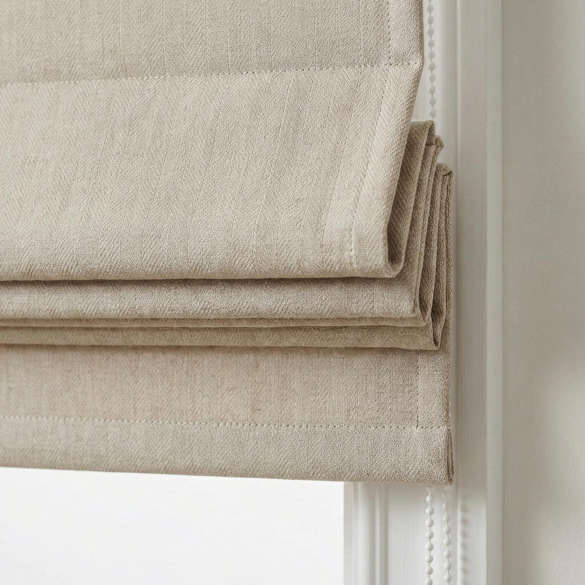 Custom Natural Flax Linen Roman Shade, Herringbone Corded Blind — image 1