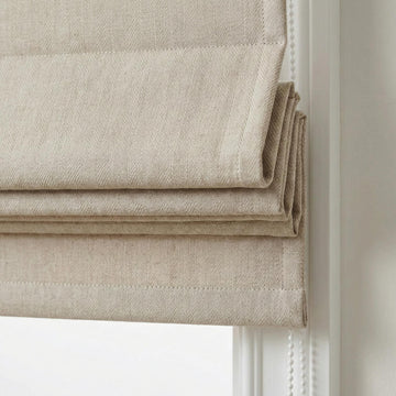 Custom Natural Flax Linen Roman Shade, Herringbone Corded Blind — image 1