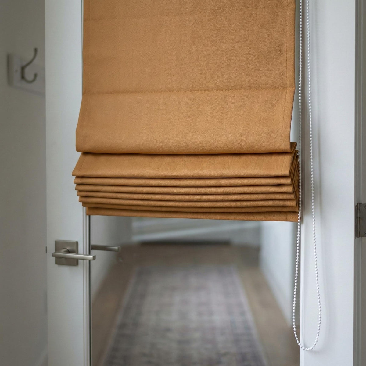 Custom Linen Roman Shade, Camel Tan Herringbone, Blackout or Light Filtering — image 1