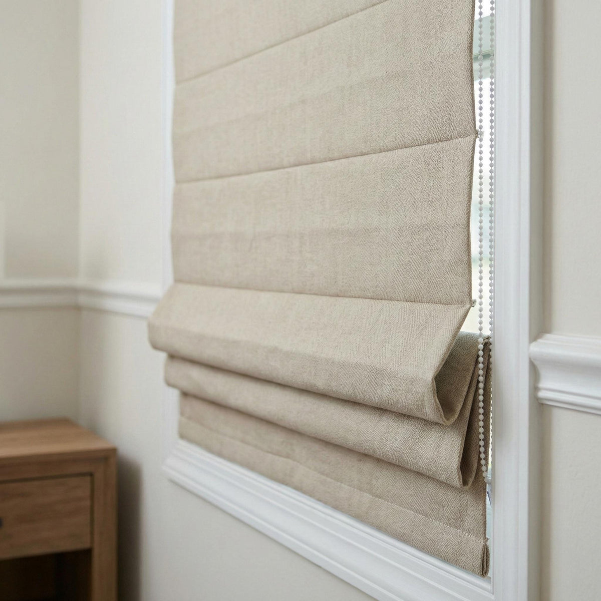 Custom Natural Flax Linen Roman Shade, Herringbone Corded Blind — image 4
