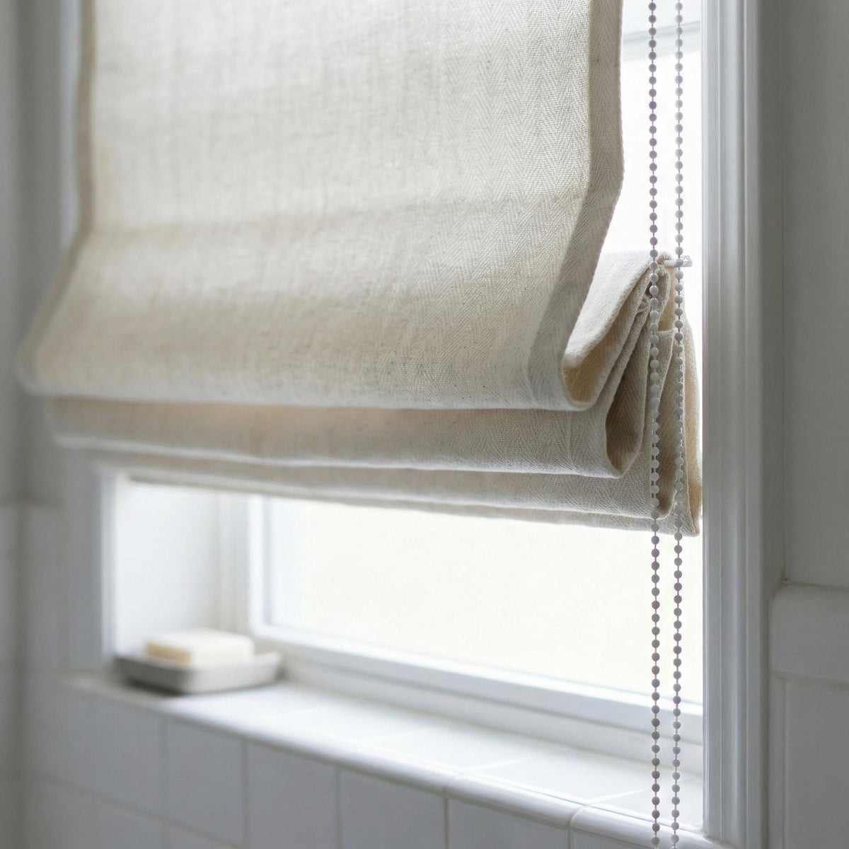 Ivory Herringbone Linen Roman Shade, Custom Corded Window Blind, OEKO-TEX — image 6