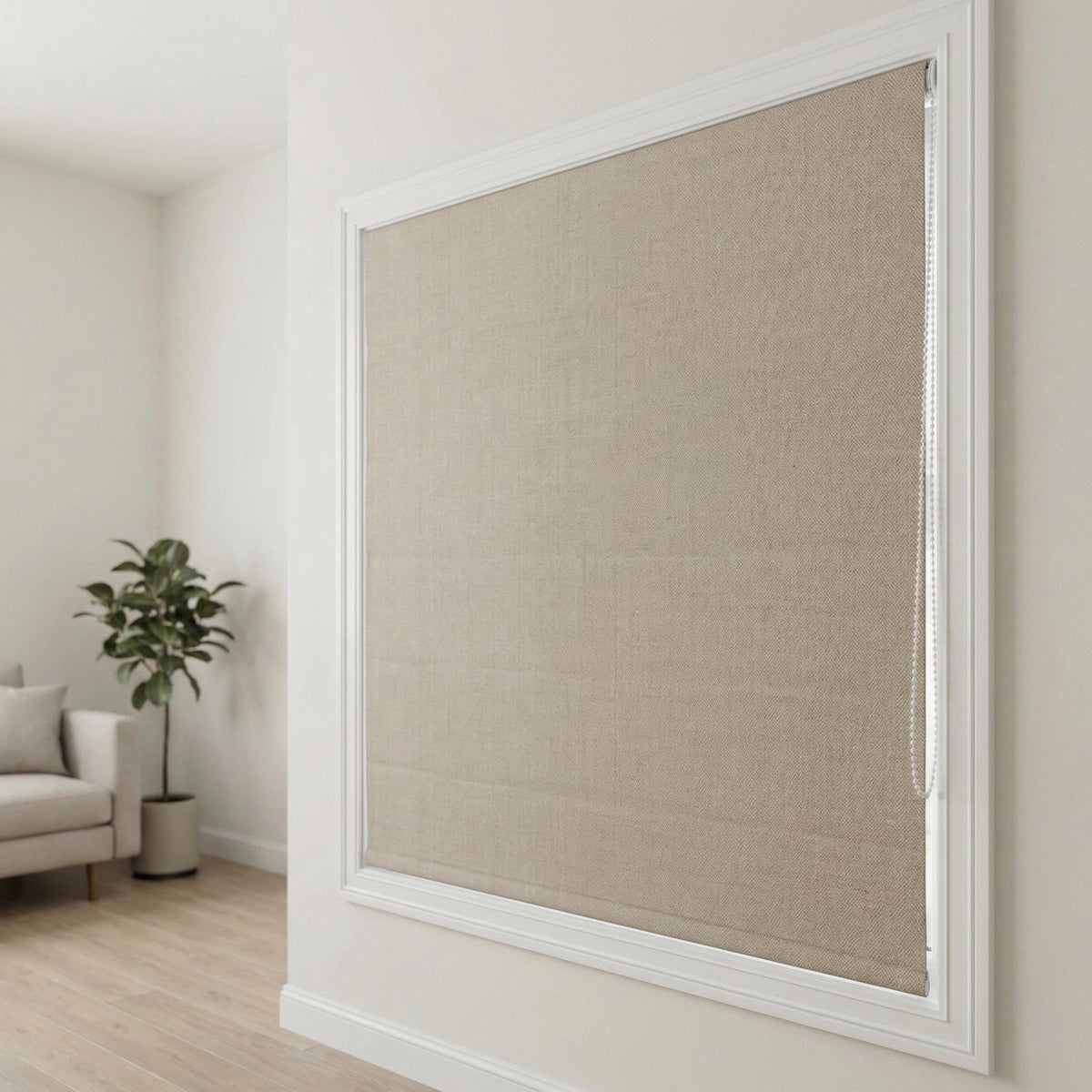 Custom Natural Flax Linen Roman Shade, Herringbone Corded Blind — image 7