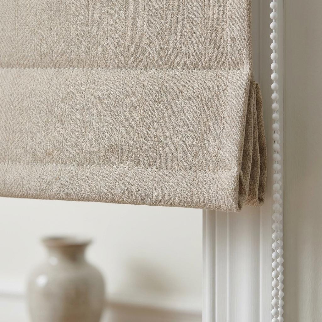 Custom Natural Flax Linen Roman Shade, Herringbone Corded Blind — image 8