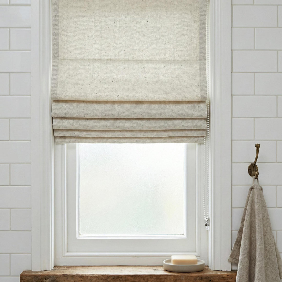 Ivory Herringbone Linen Roman Shade, Oeko-Tex Custom Blind, Light Filter/Blackout — image 1