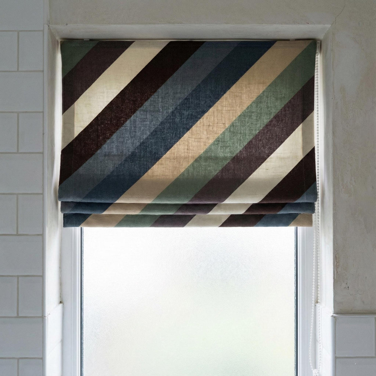 Diagonal Stripe Linen Roman Shade, Custom Corded Blind, Inside/Outside Mount — image 3