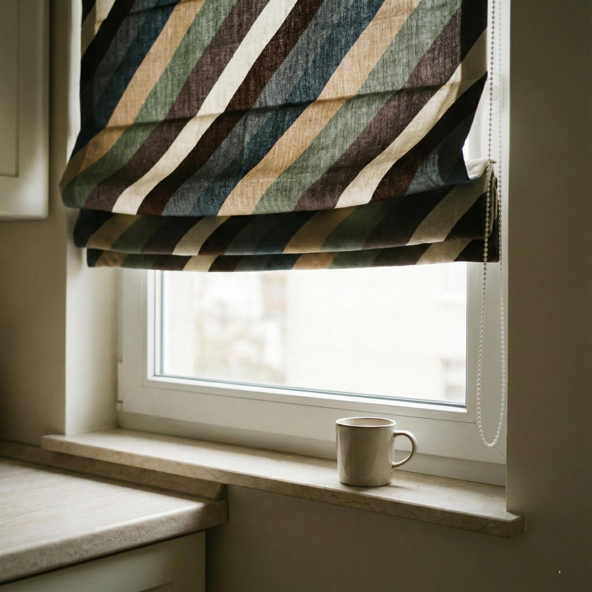 Diagonal Stripe Linen Roman Shade, Custom Corded Blind, Inside/Outside Mount — image 4