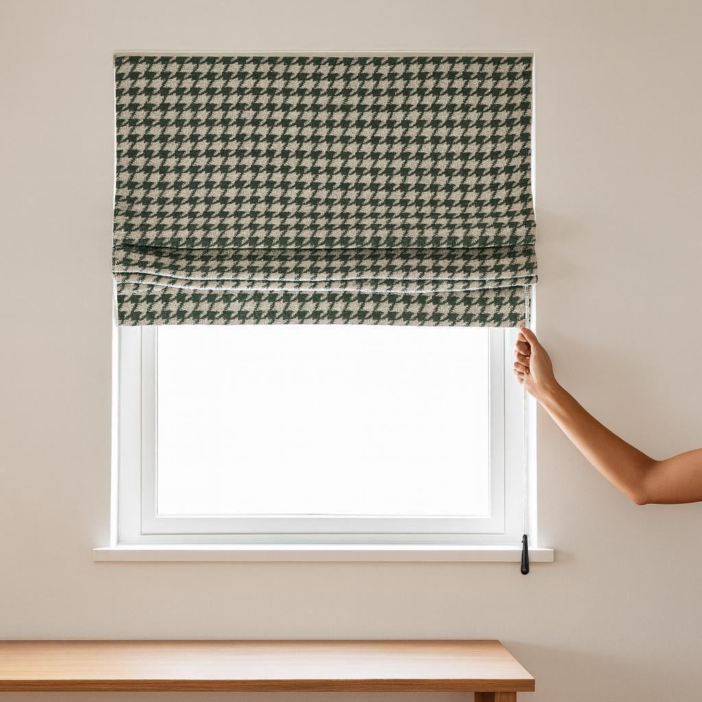 Houndstooth Roman Shade: Forest Green Organic Cotton, Blackout Liner — image 5
