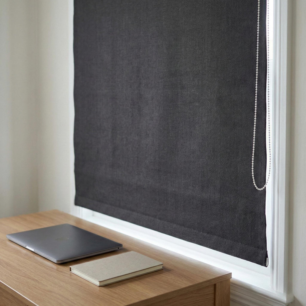 Charcoal Gray Linen Herringbone Roman Shade, Custom Corded Blind, OEKO-TEX — image 5