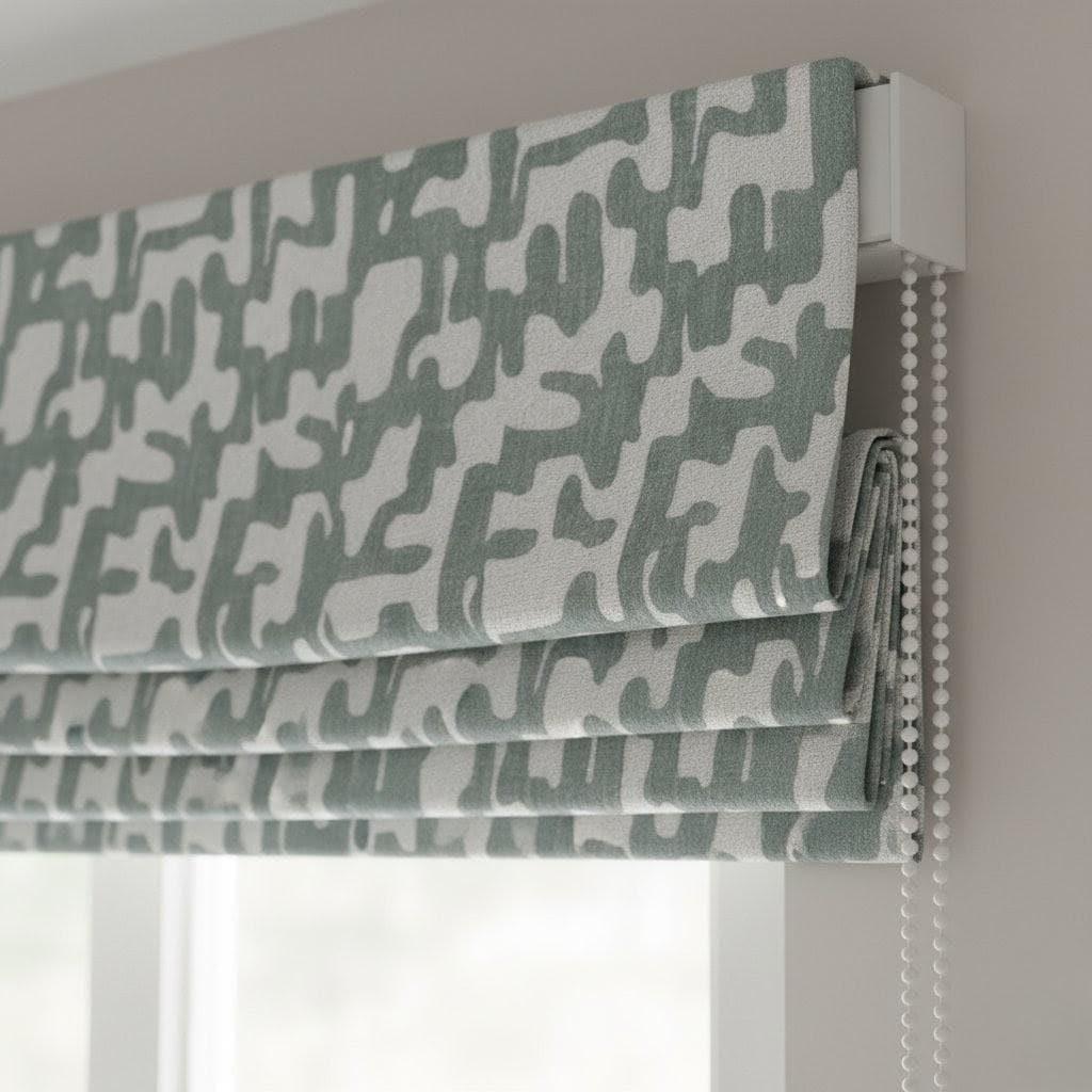 Roman Shade: Sage Green Abstract Linen - Custom Size, Corded Blind — image 1