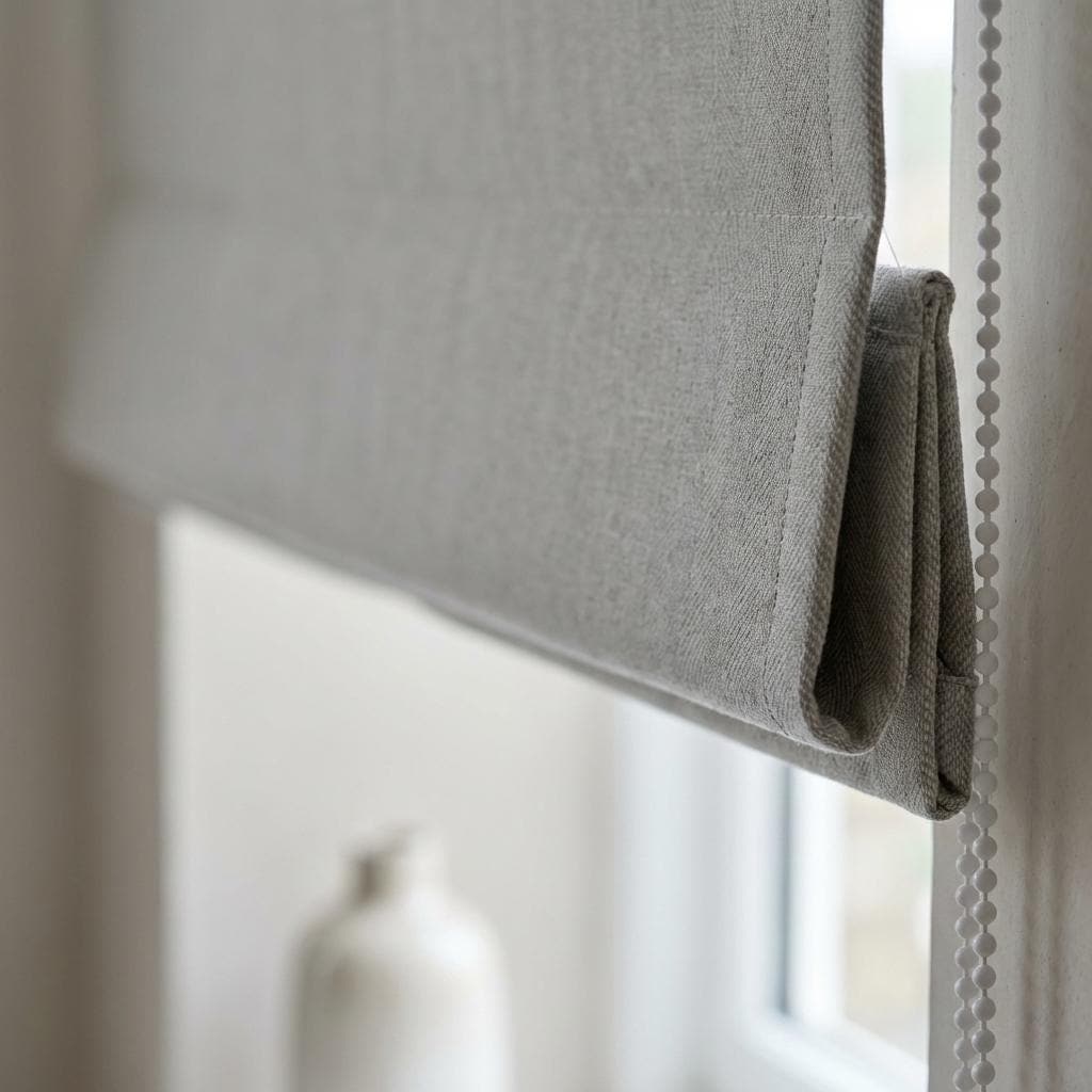 Custom Light Gray Linen Herringbone Roman Shade, OEKO-TEX Liner — image 1