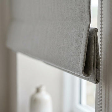 Custom Light Gray Linen Herringbone Roman Shade, OEKO-TEX Liner — image 1
