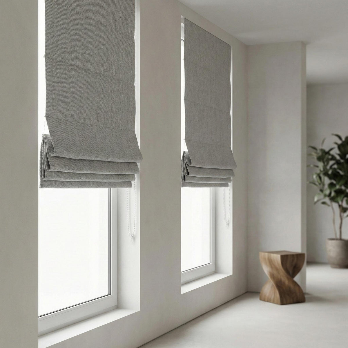 Custom Light Gray Linen Herringbone Roman Shade, OEKO-TEX Liner — image 4