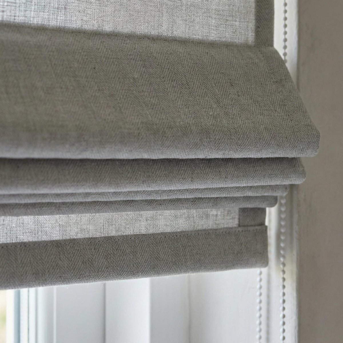 Custom Light Gray Linen Herringbone Roman Shade, OEKO-TEX Liner — image 8