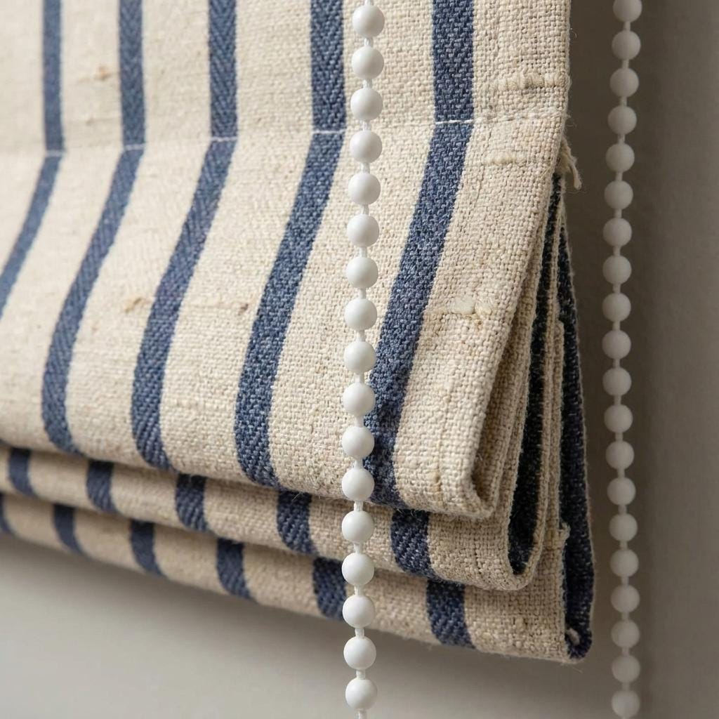 Navy Stripe Linen Roman Shade, Custom Corded Window Blind, Inside/Outside Mount, OEKO-TEX, Blackout or Cotton Lined — image 1