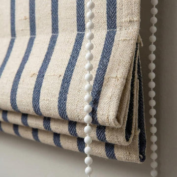 Navy Stripe Linen Roman Shade, Custom Corded Window Blind, Inside/Outside Mount, OEKO-TEX, Blackout or Cotton Lined — image 1