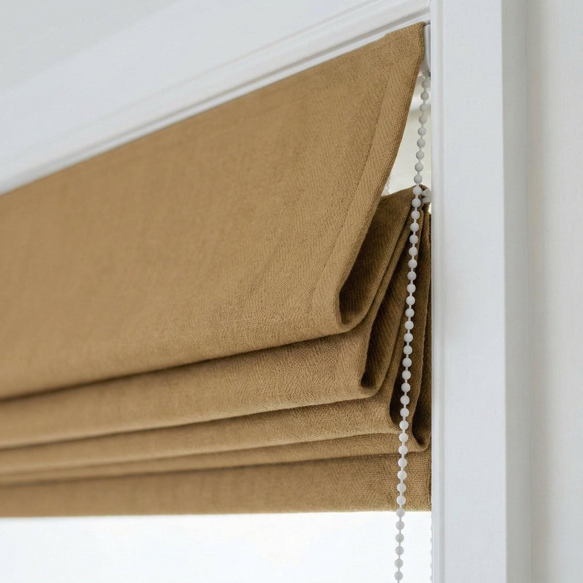 Custom Camel Tan Linen Herringbone Roman Shade, OEKO-TEX Liner — image 1