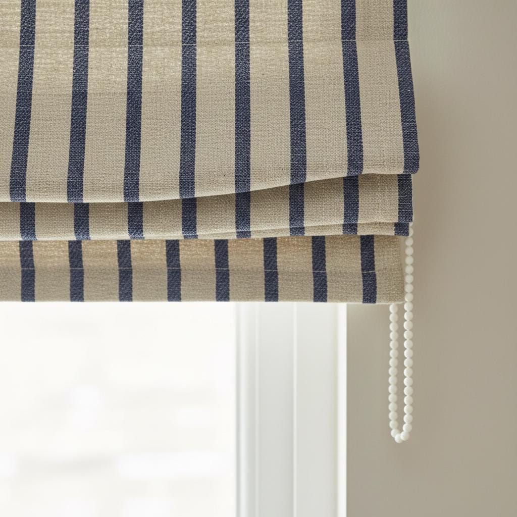Navy Stripe Linen Roman Shade, Custom Corded Window Blind, Inside/Outside Mount, OEKO-TEX, Blackout or Cotton Lined — image 1