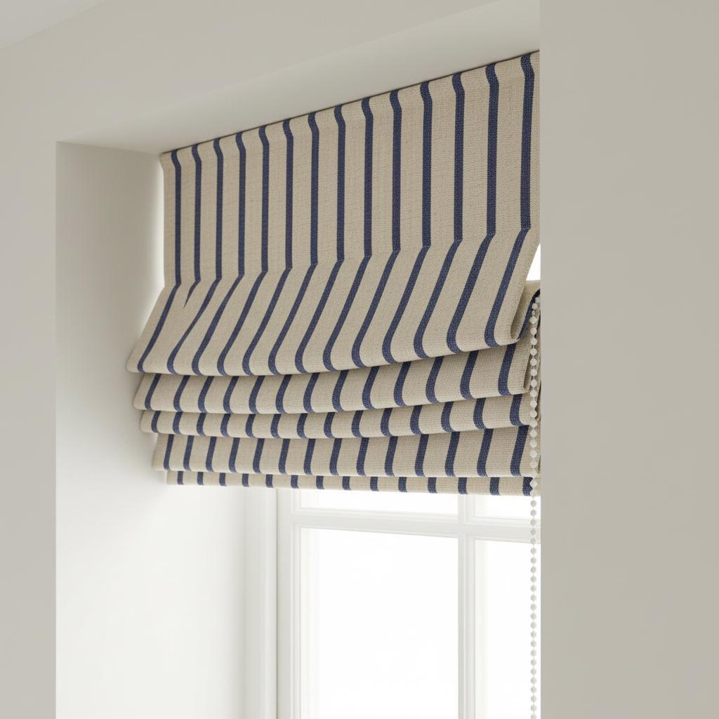 Navy Stripe Linen Roman Shade, Custom Corded Window Blind, Inside/Outside Mount, OEKO-TEX, Blackout or Cotton Lined — image 3