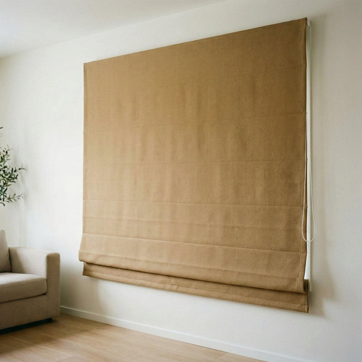 Custom Camel Tan Linen Herringbone Roman Shade, OEKO-TEX Liner — image 3