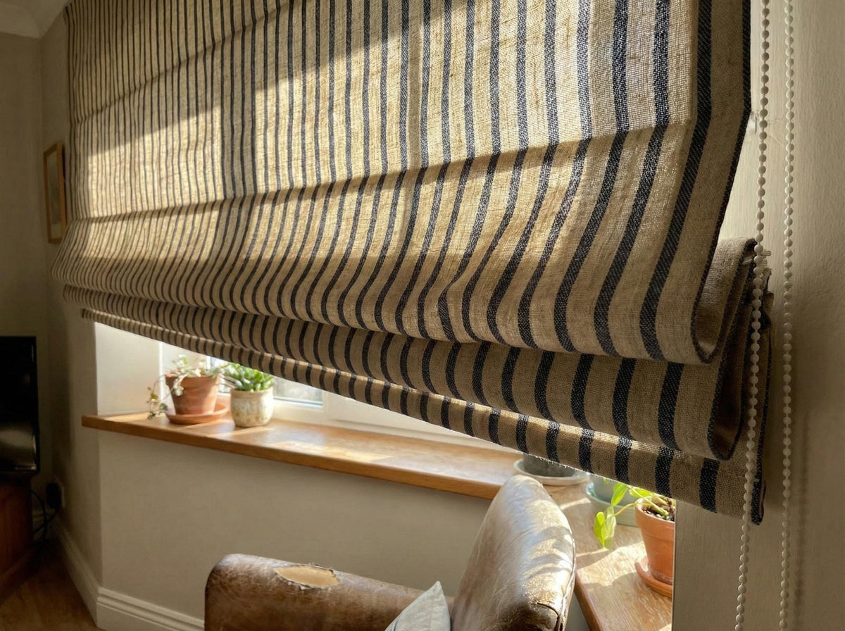 Navy Stripe Linen Roman Shade, Custom Corded Window Blind, Inside/Outside Mount, OEKO-TEX, Blackout or Cotton Lined — image 5