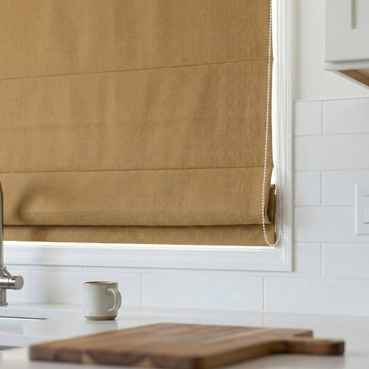 Custom Camel Tan Linen Herringbone Roman Shade, OEKO-TEX Liner — image 4