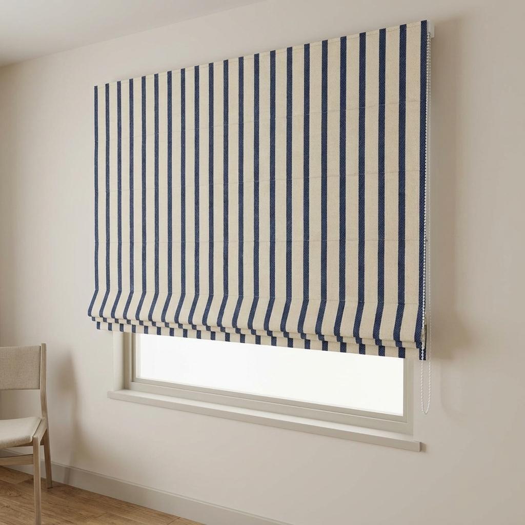 Navy Stripe Linen Roman Shade, Custom Corded Window Blind, Inside/Outside Mount, OEKO-TEX, Blackout or Cotton Lined — image 6