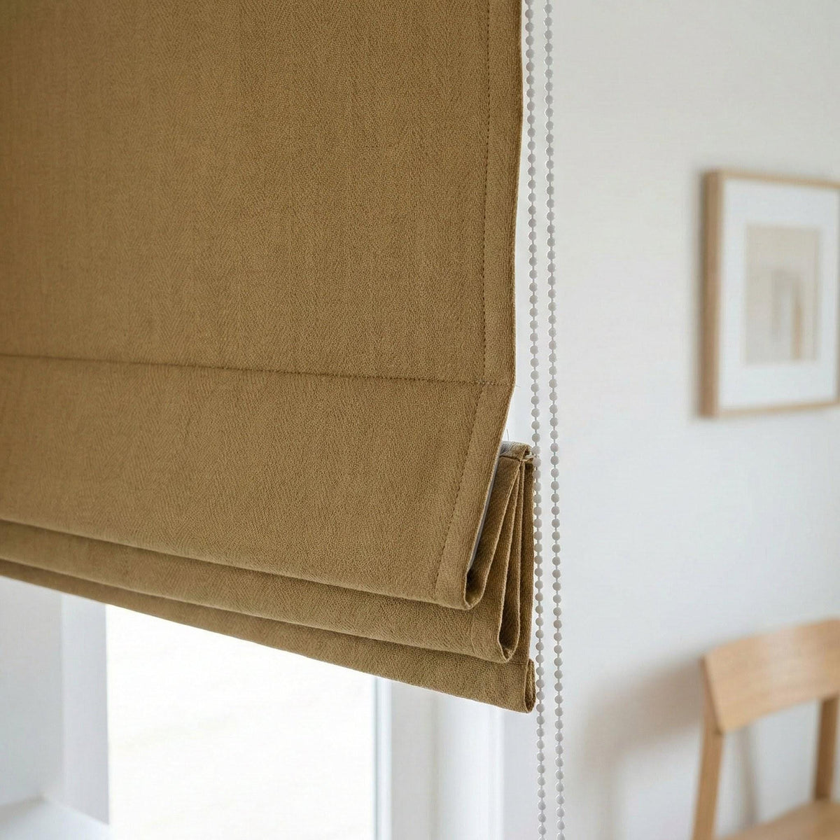 Custom Camel Tan Linen Herringbone Roman Shade, OEKO-TEX Liner — image 5