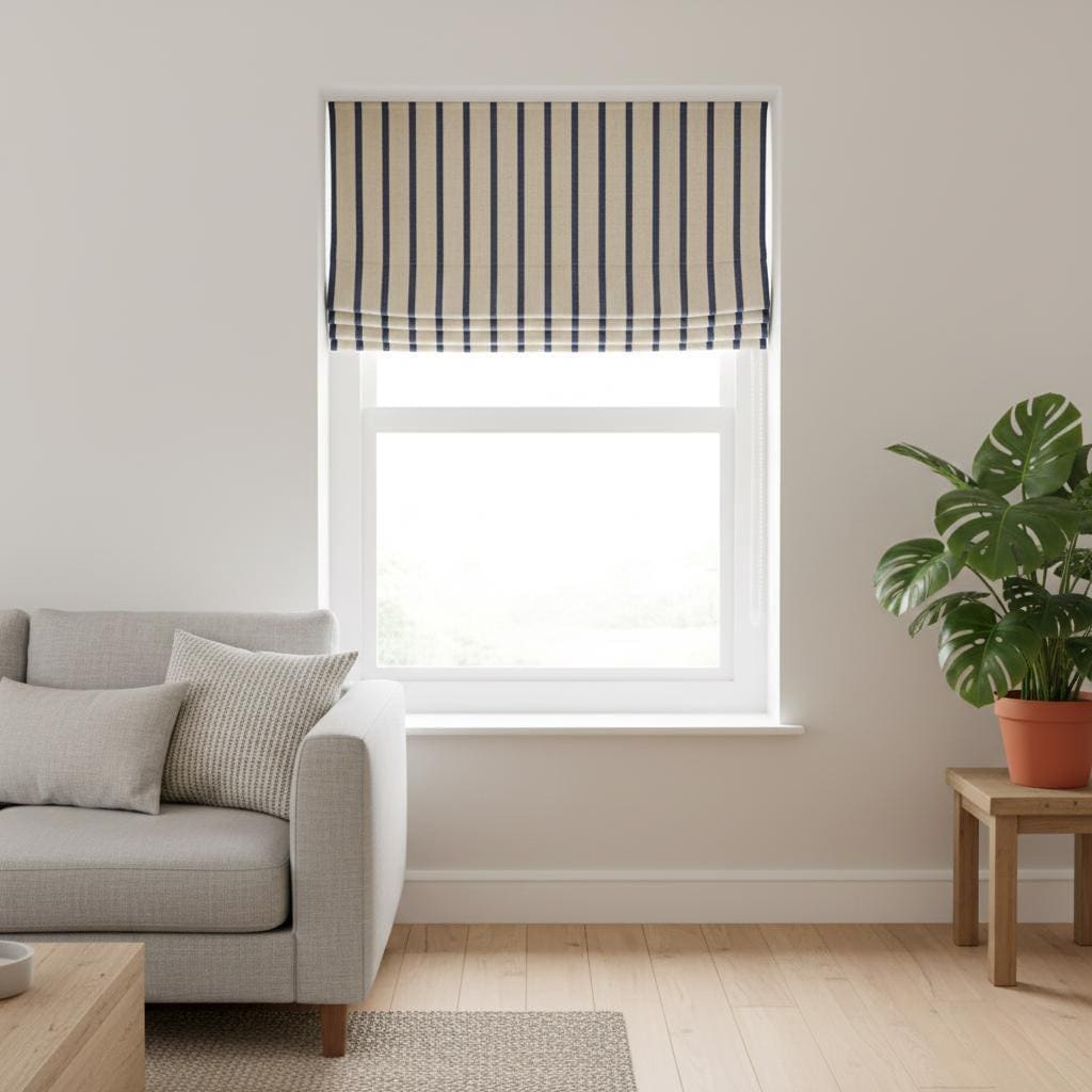 Navy Stripe Linen Roman Shade, Custom Corded Window Blind, Inside/Outside Mount, OEKO-TEX, Blackout or Cotton Lined — image 7