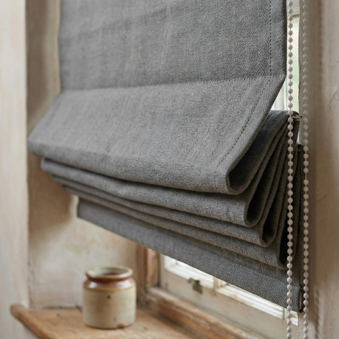 Custom Grey Herringbone Linen Roman Shade | Corded Window Blind — image 1