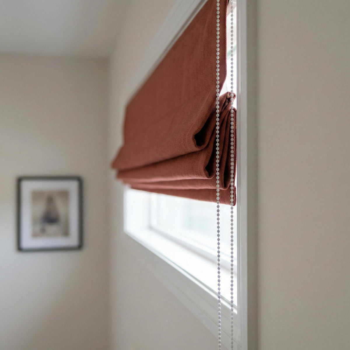Custom Terracotta Linen Roman Shade, Herringbone Weave, Blackout Option — image 3