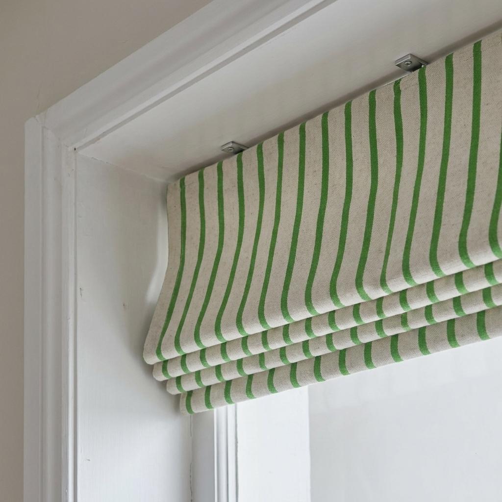 Green Stripe Linen Roman Shade, Custom Corded Blind, OEKO-TEX — image 3