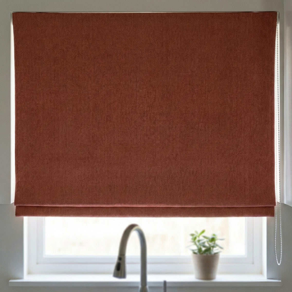 Custom Terracotta Linen Roman Shade, Herringbone Weave, Blackout Option — image 4