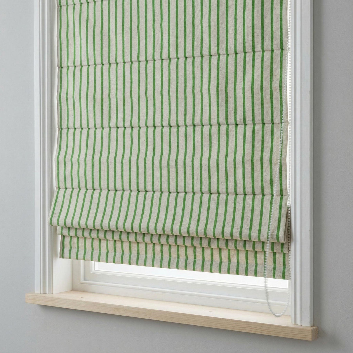 Green Stripe Linen Roman Shade, Custom Corded Blind, OEKO-TEX — image 6