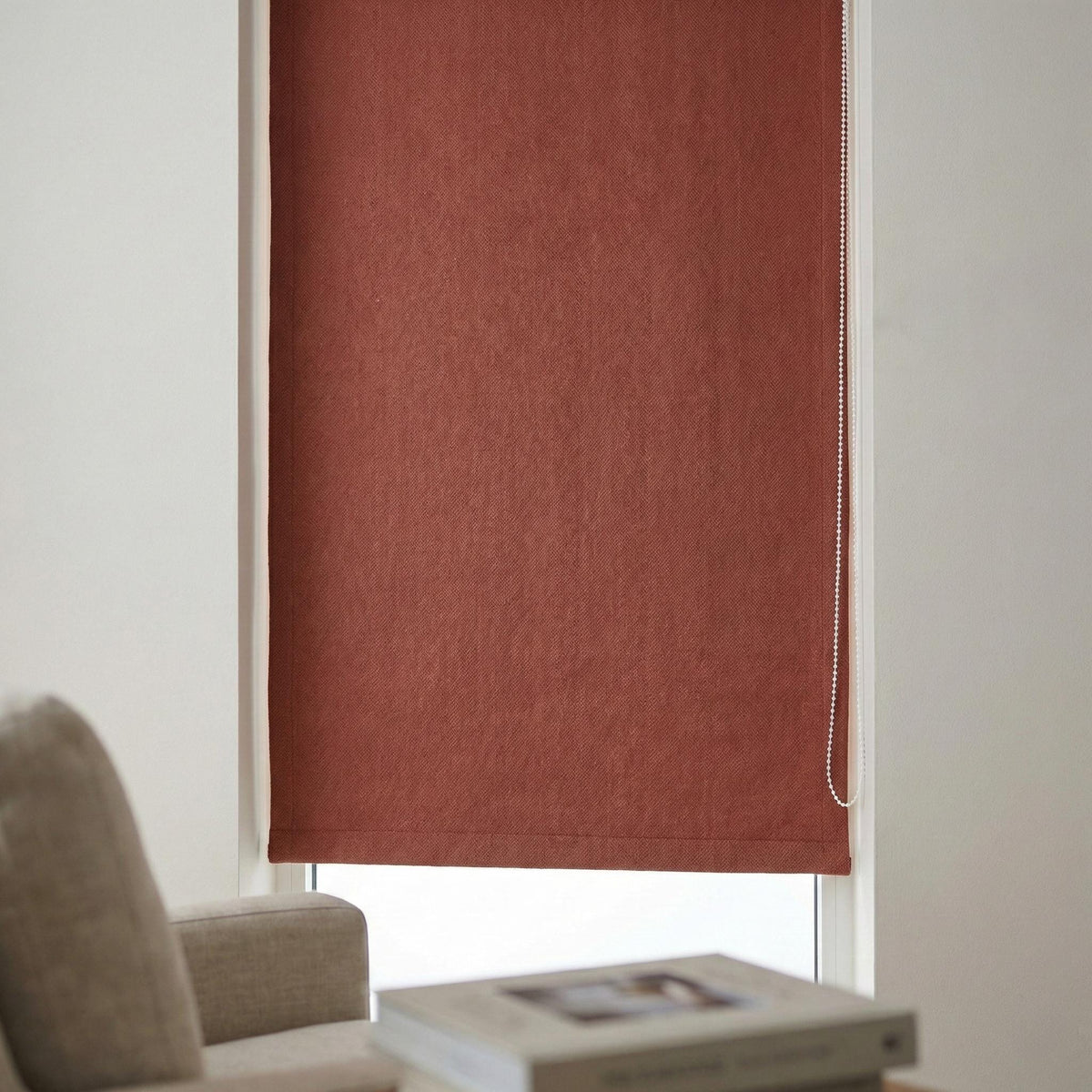Custom Terracotta Linen Roman Shade, Herringbone Weave, Blackout Option — image 9