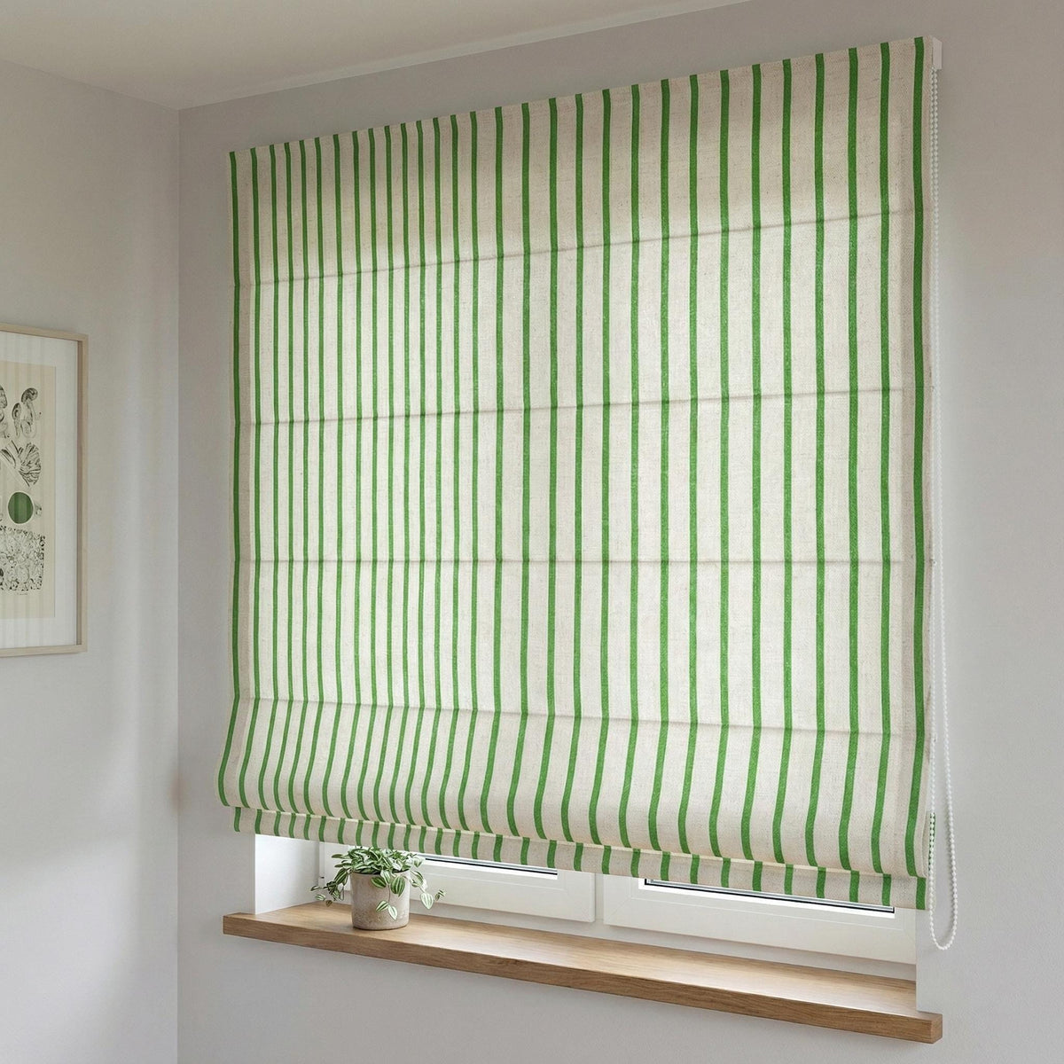 Green Stripe Linen Roman Shade, Custom Corded Blind, OEKO-TEX — image 9