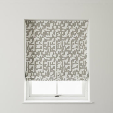 Modern Gray Linen Roman Shades, Abstract Pattern (Custom Size, Beaded Cord) — image 1