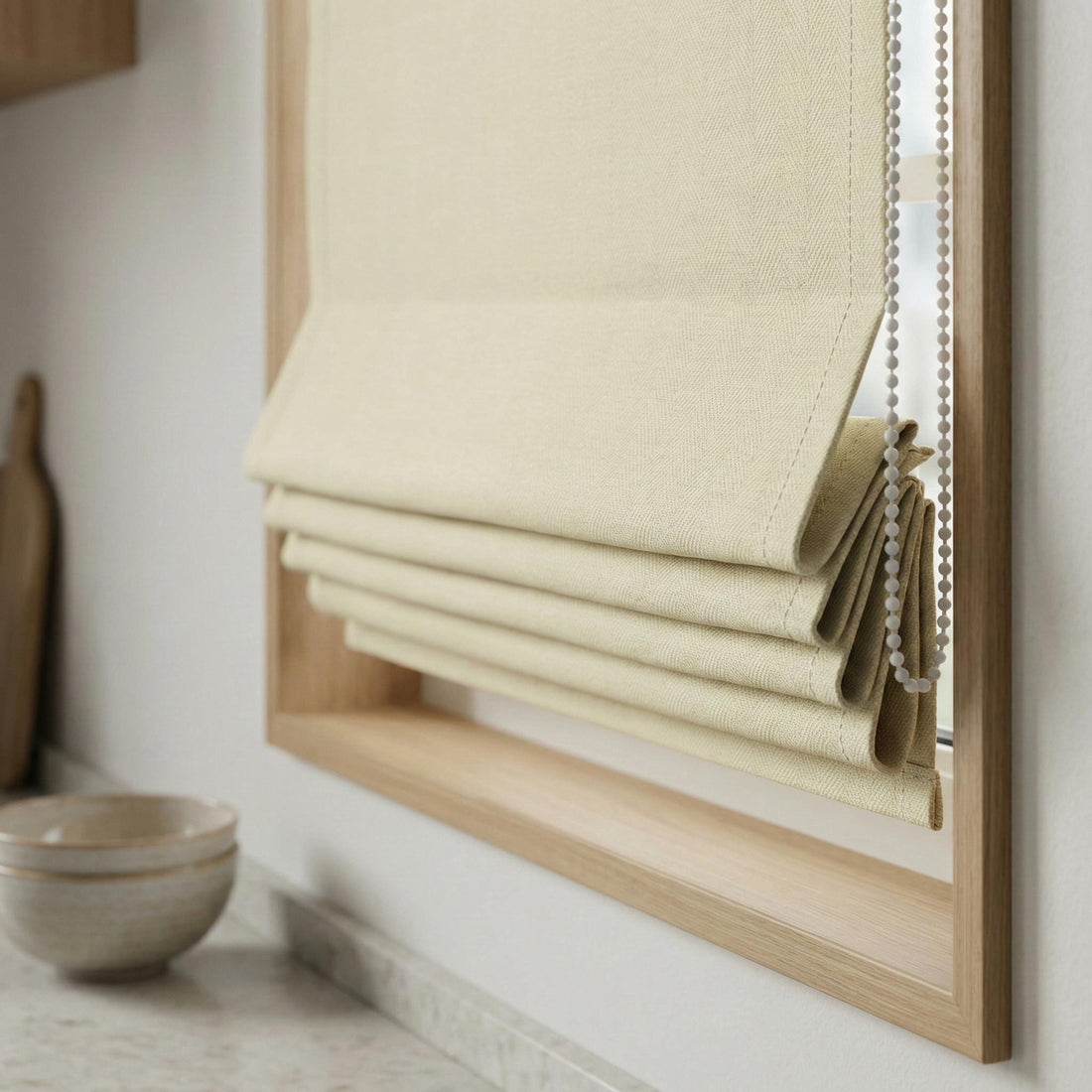 Custom Linen Herringbone Roman Shade, Beige Window Blind, Oeko-Tex Certified — image 1