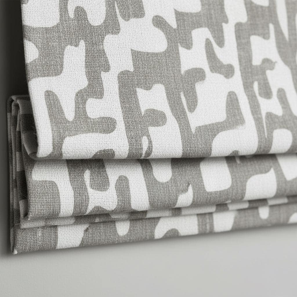 Modern Gray Linen Roman Shades, Abstract Pattern (Custom Size, Beaded Cord) — image 2