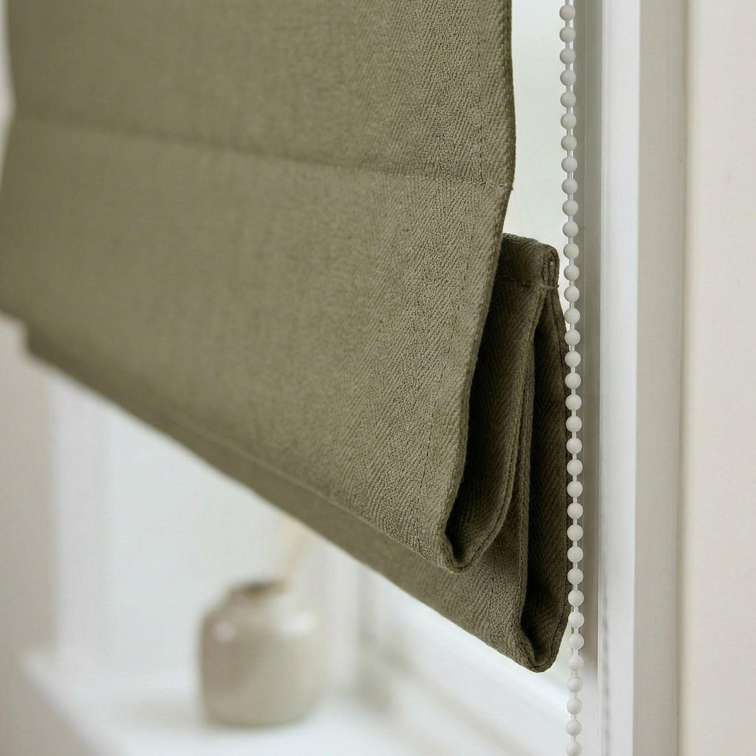 Custom Sage Olive Linen Roman Shade, Herringbone Corded Blind, OEKO-TEX — image 1