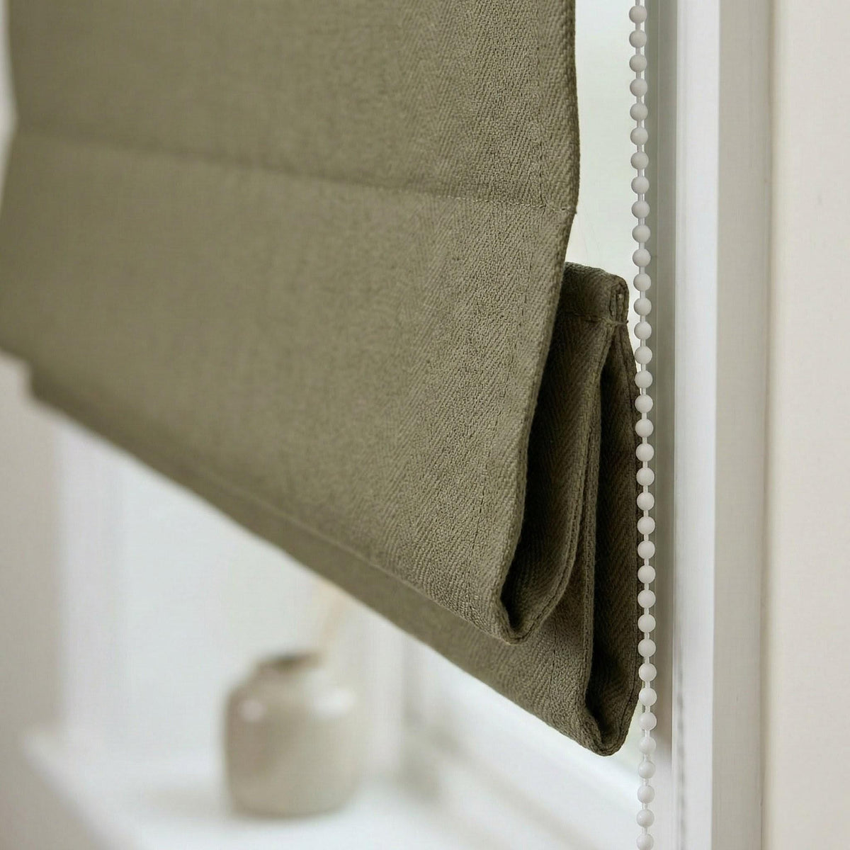 Custom Sage Olive Linen Roman Shade, Herringbone Corded Blind, OEKO-TEX — image 2