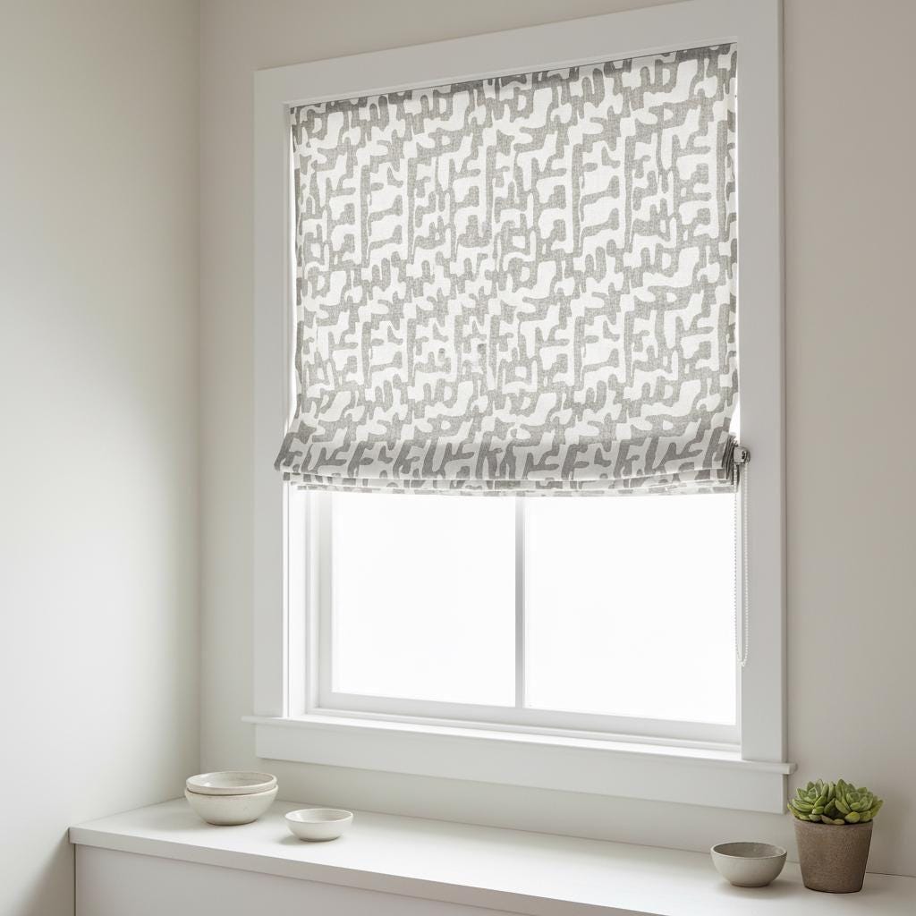 Modern Gray Linen Roman Shades, Abstract Pattern (Custom Size, Beaded Cord) — image 4